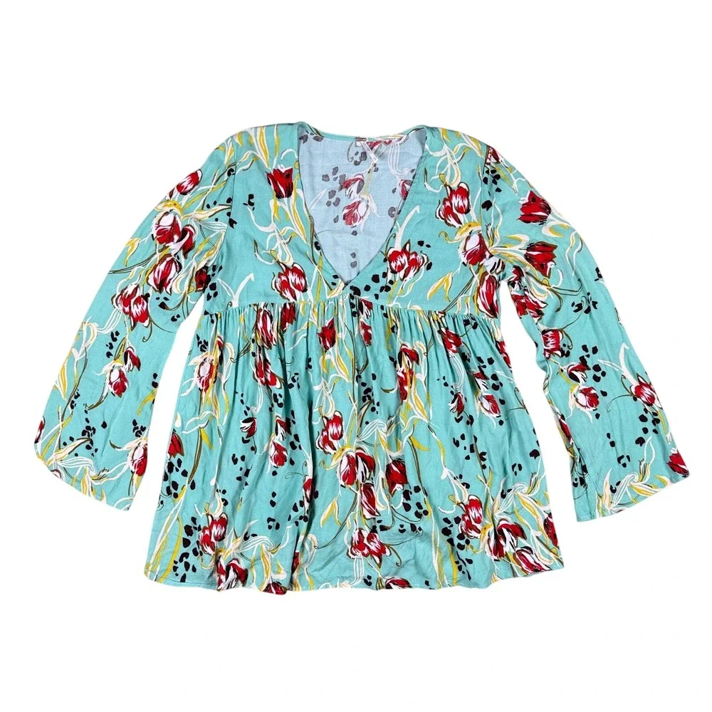 Free People Bella Babydoll Tunic Top Womens XS Teal‎ Floral V-Neck Boho Blouse